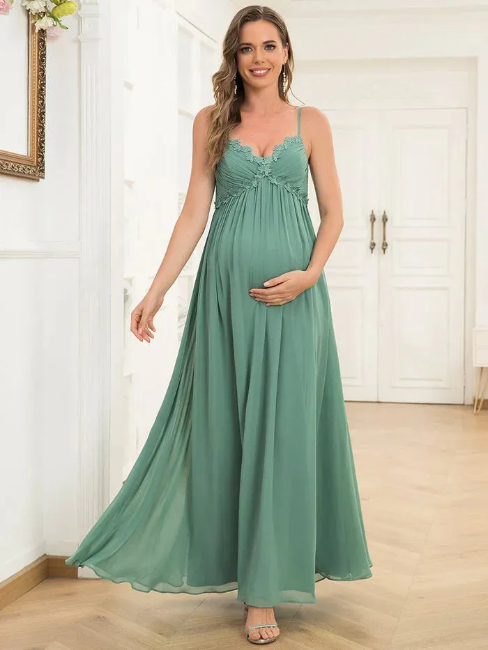 Pleated Chiffon Lace Spaghetti Strap V-Neck Maternity Dress